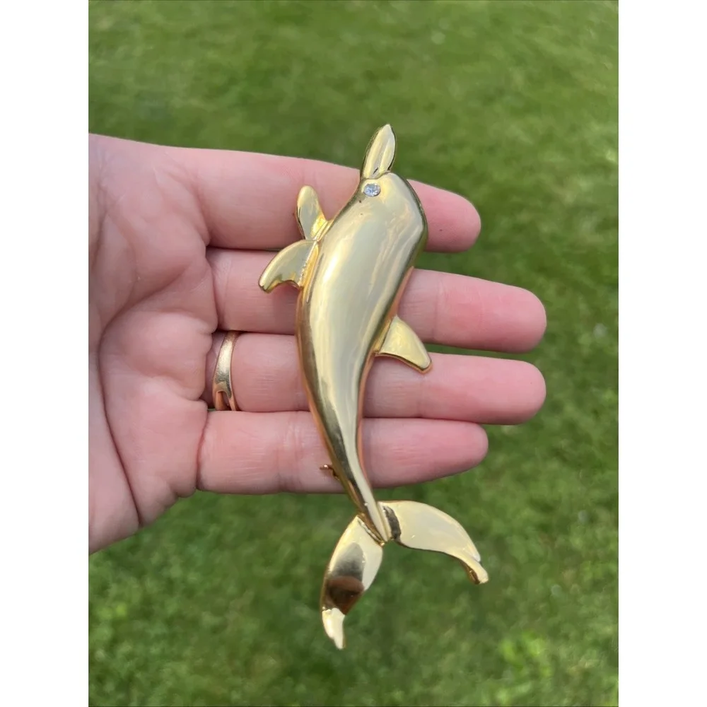 Gold-Tone Dolphin Pin w/ Faux Diamond Stone Eye Brooch Vtg‎ 4.25
